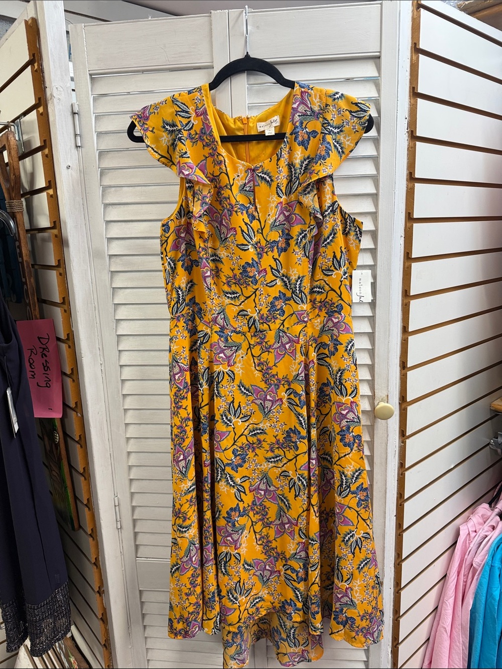 Maison Jules Yellow Floral Midi Dress with Pink & Blue Accents